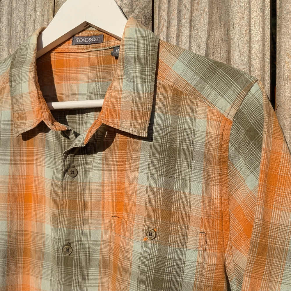 Toad&Co Medium Furlough Orange & Green Plaid SS Button-up Shirt Cotton Men's